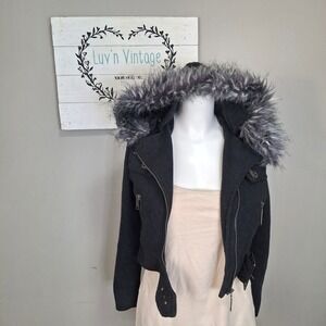 JouJou Girls Charcoal Grey Faux‎ Fur Hooded Moto Jacket Size Medium 10 12